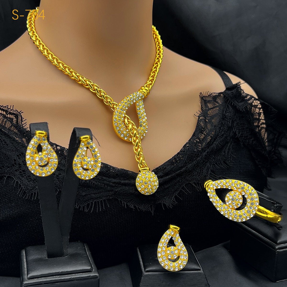 Best-selling Dubai Bride 24k Gold-plated Necklace Bracelet Earring Ring Four-piece Set Main image
