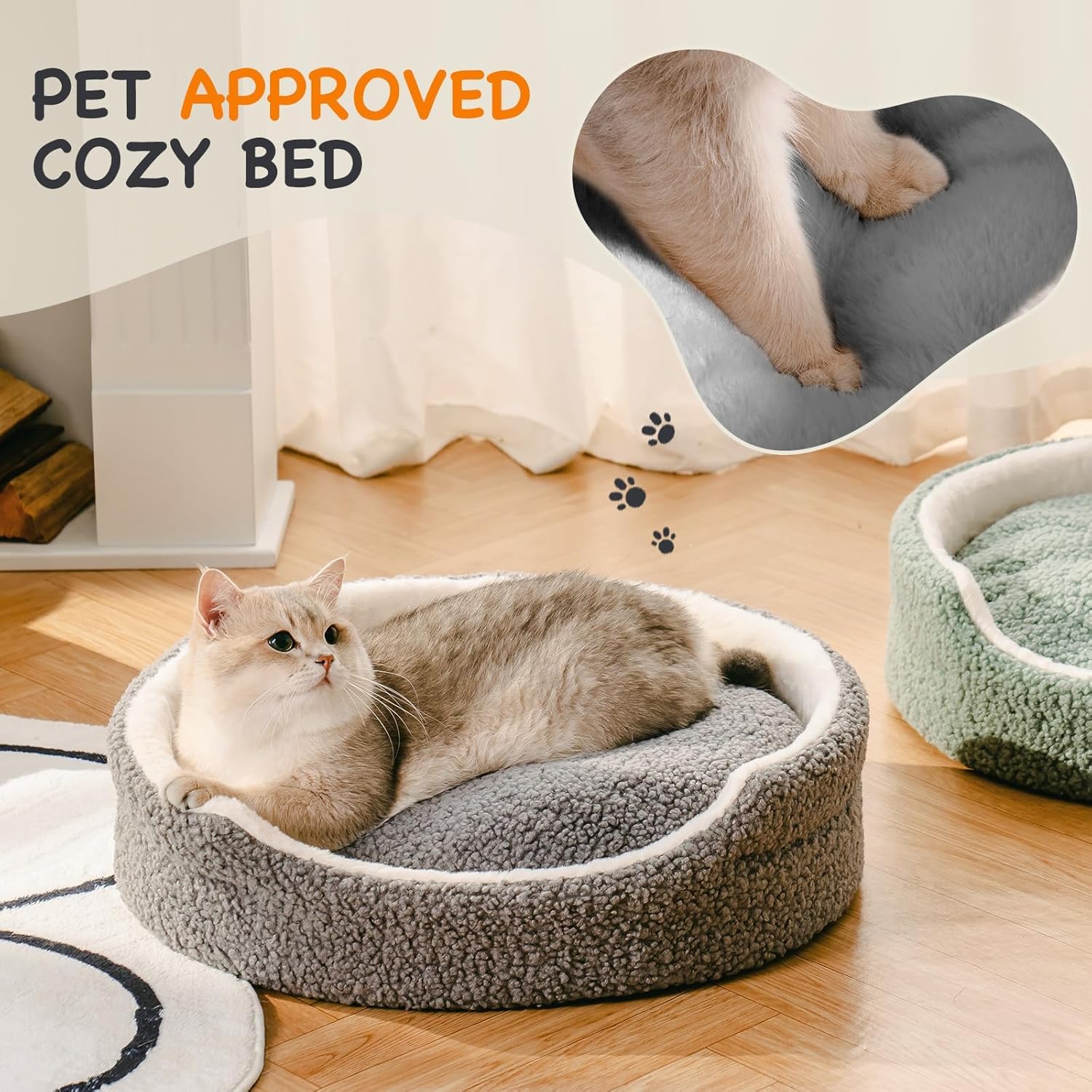 Mewoo Washable Pet Bed For Small Dogs & Cats - 23x23x7 Inch Orthopedic Dog Bed With Non-Slip Bottom, Plush Round Bed For Puppies & Indoor Kittens, Grey Main image