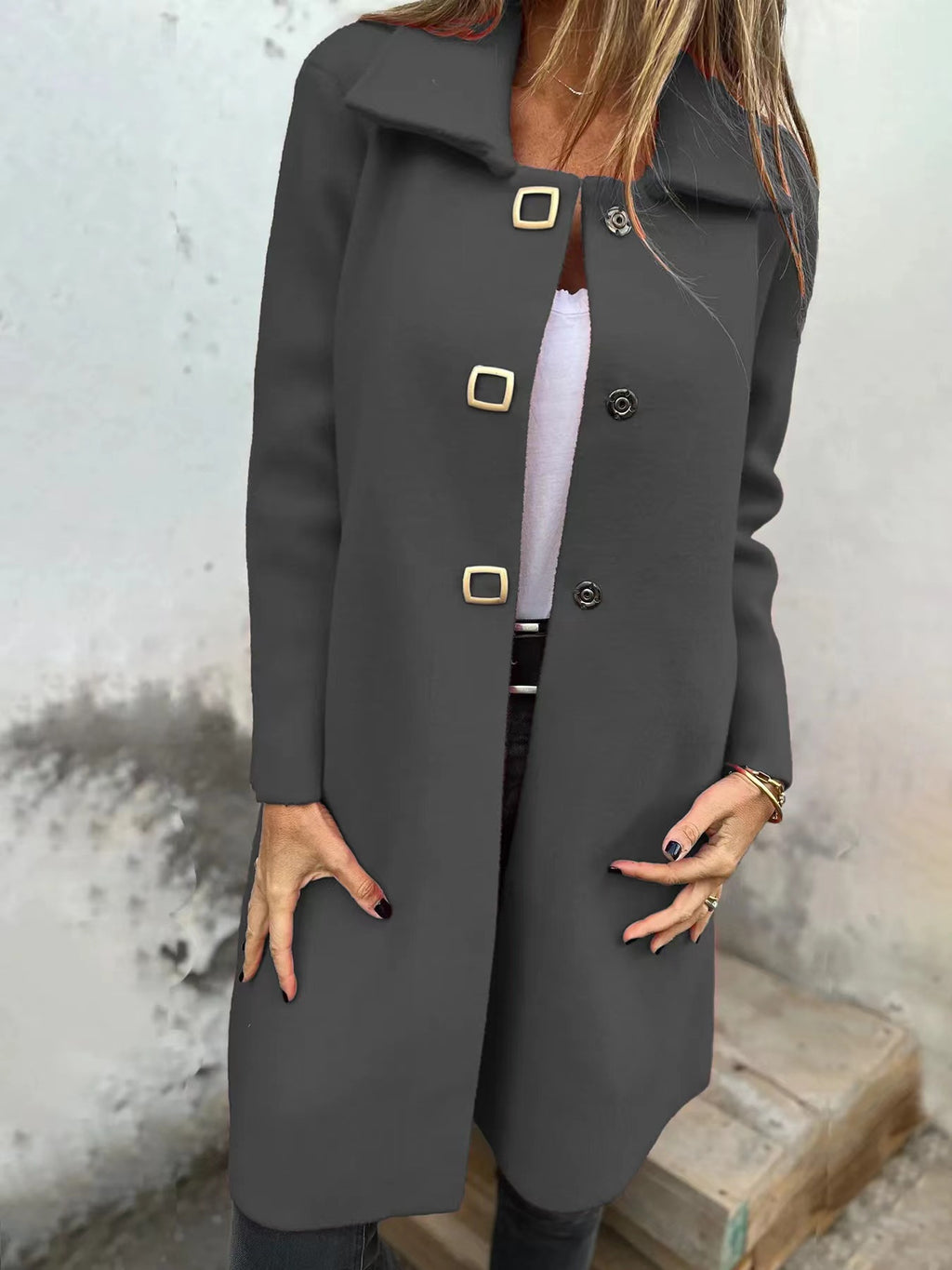 Women's Solid-color Mid-length Wool Coat With A Single-breasted Design