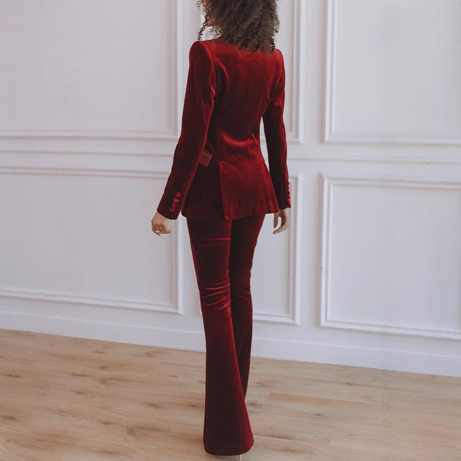 Womens Solid-Color Casual Long-Sleeve Blazer And Pants Set