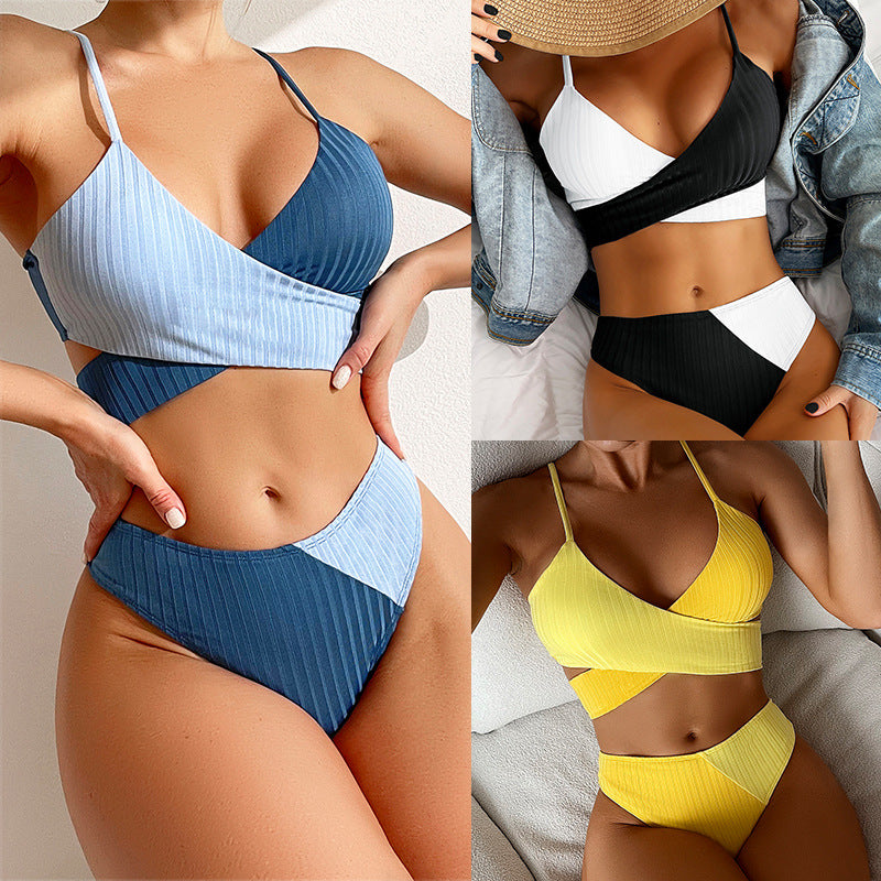 Bikini Patchwork Swimwear Ribbed Women's Swimsuit Knot Back Beachwear Ruched Butt Biquinis Bathing Suits Secondary image