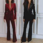 Womens Solid-Color Casual Long-Sleeve Blazer And Pants Set