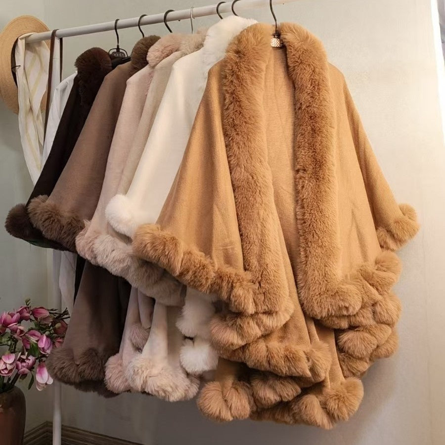 Thickened Knitted Cape With Furry Collar For FallWinter