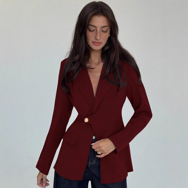 Womens Solid-Color V-Neck Elegant Slim-Fit Blazer