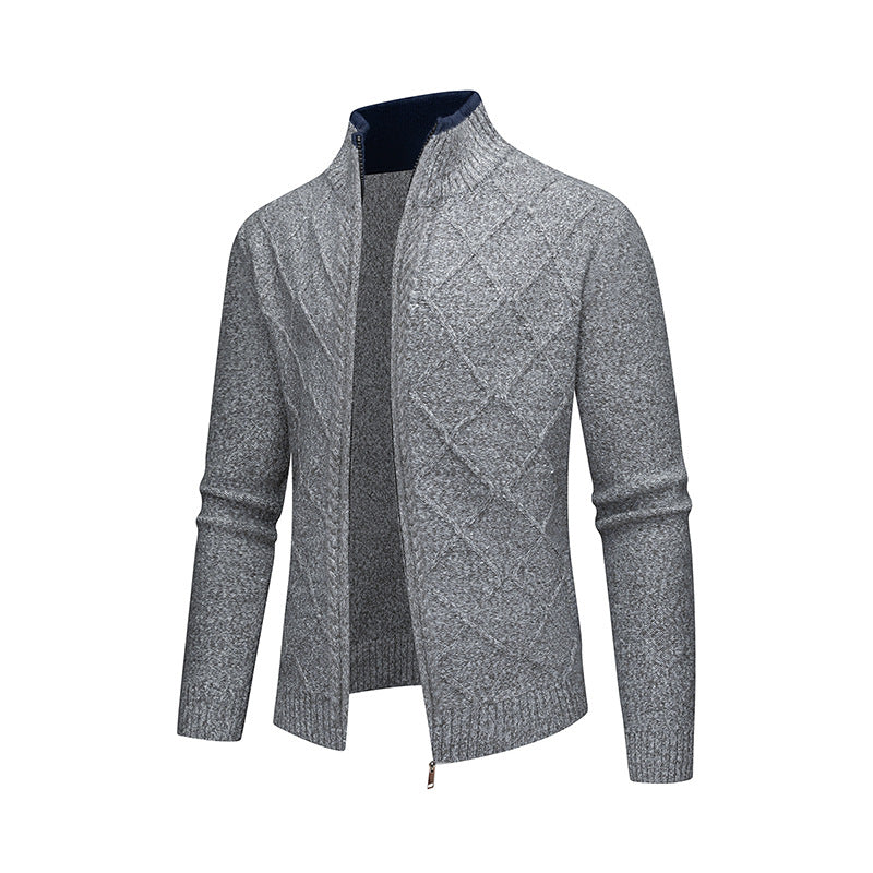 Solid Color Stand Collar Diamond Pattern Knit Casual Fashion Jacket