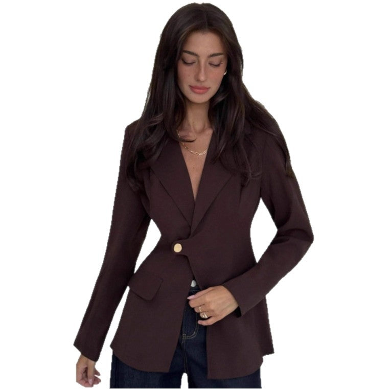 Womens Solid-Color V-Neck Elegant Slim-Fit Blazer