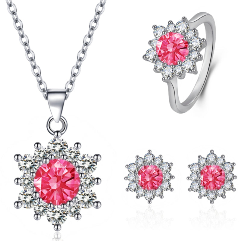 Elegant Full-diamond Snowflake Stud Earrings Pendant Necklace And Ring Jewelry Set
