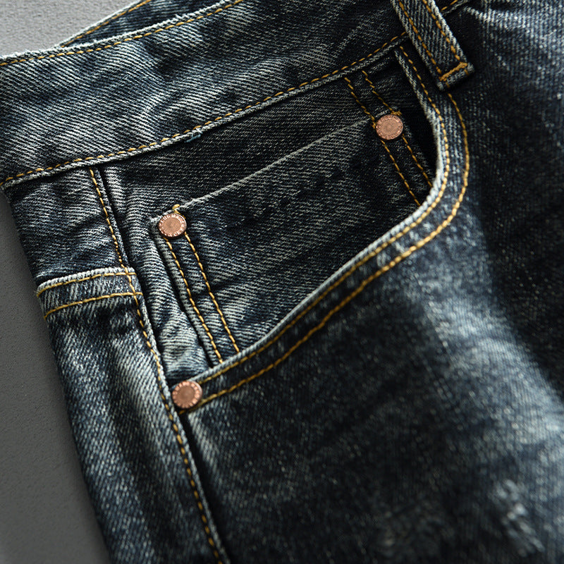Mens Retro Washed Denim Blue Trousers